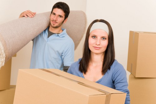 Labelled moving boxes arranged for an Islington property