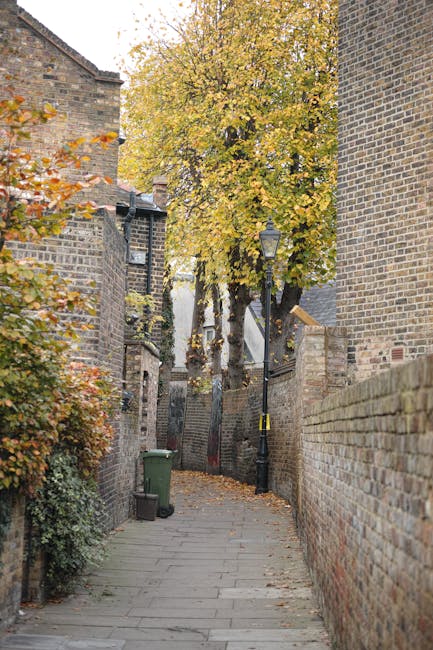 Photograph of a narrow residential alleyway with brick walls on either side, lined with school pavement stones. On the left side, there is a green wheelie bin placed near the base of a brick wall that